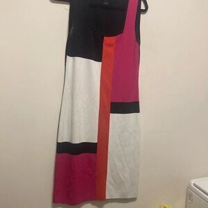 2pcs/GRACE KNIT/Chic Colorblock Dress -Pink, White, Orange; back solid black
